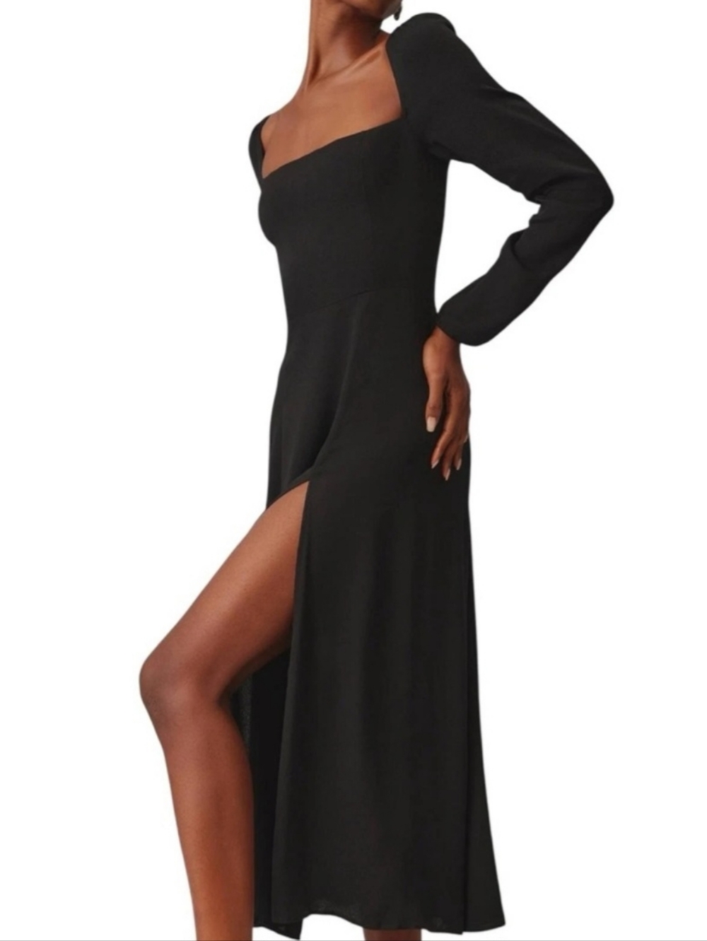Reformation Sigmund Dress Black Size 6 Square Neck High Slit Midi Dress - Picture 2 of 11